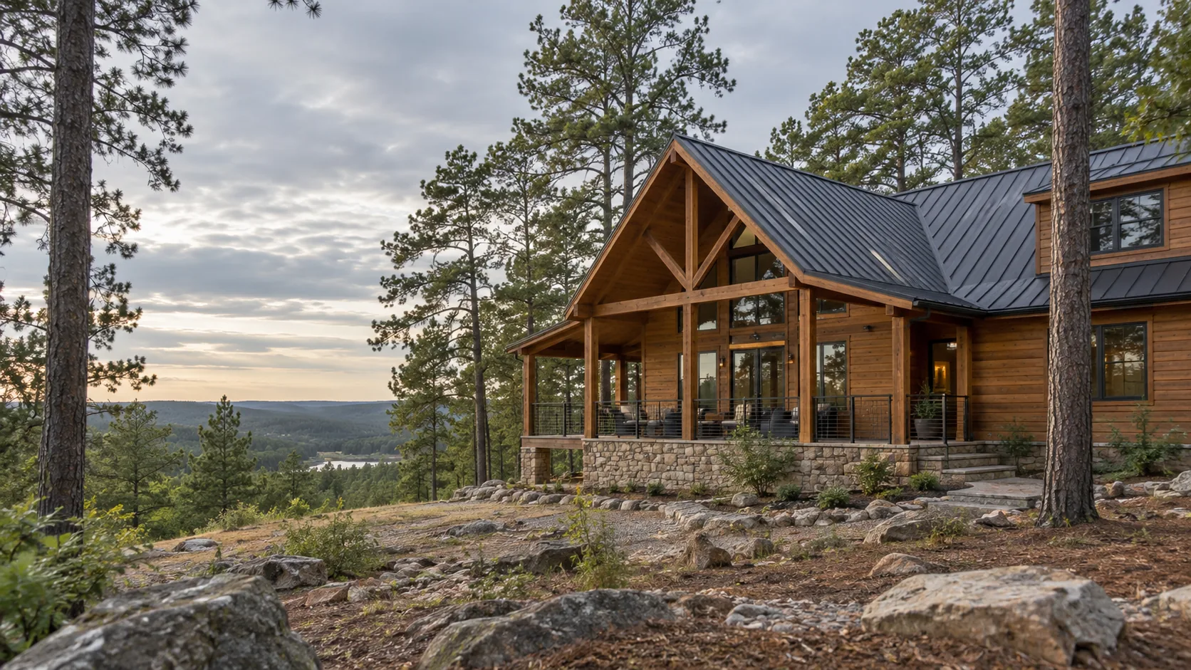 Concept image of a timber cabin among pine trees
