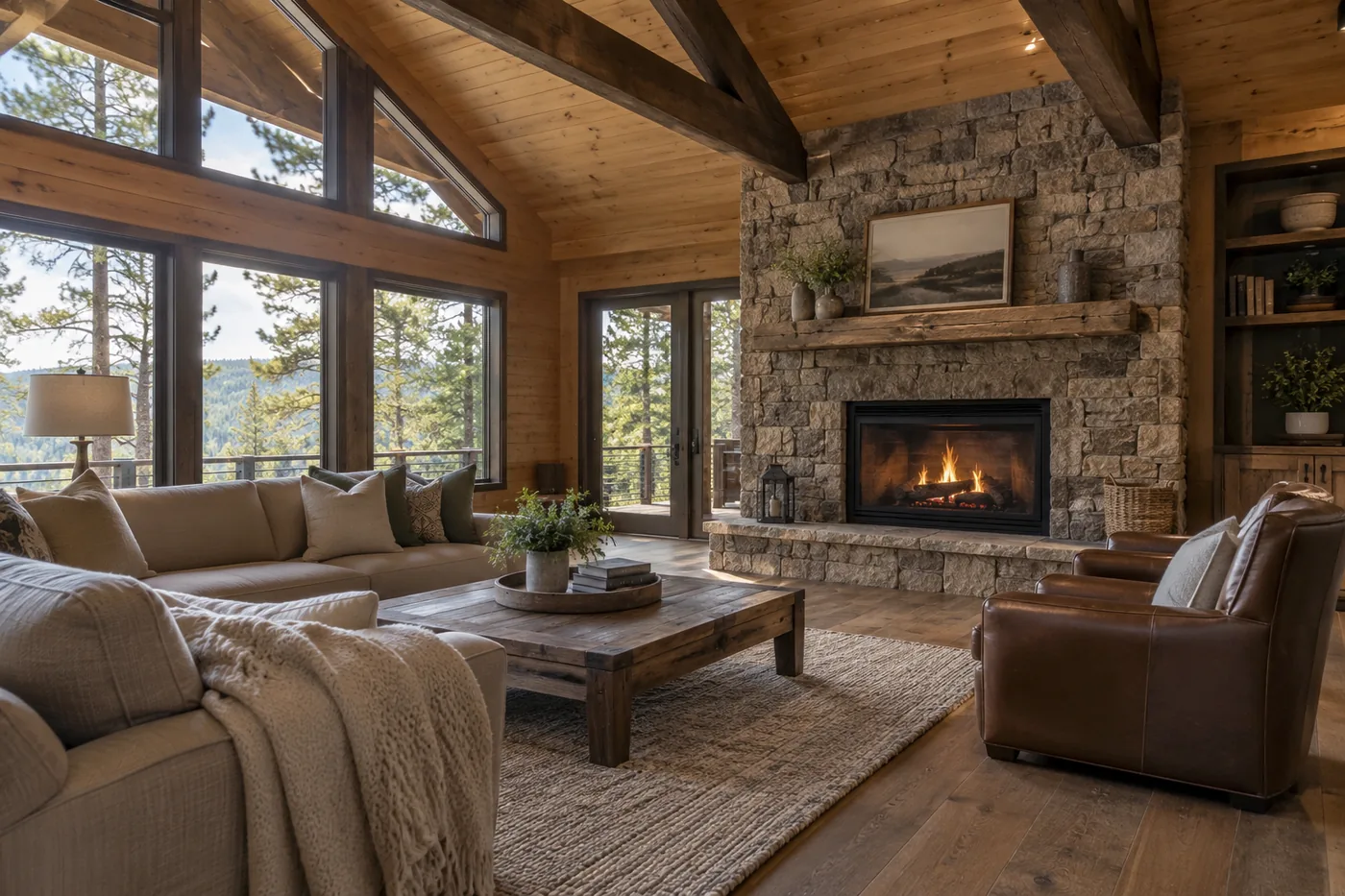 Concept image of a remodeled cabin living room with a stone fireplace